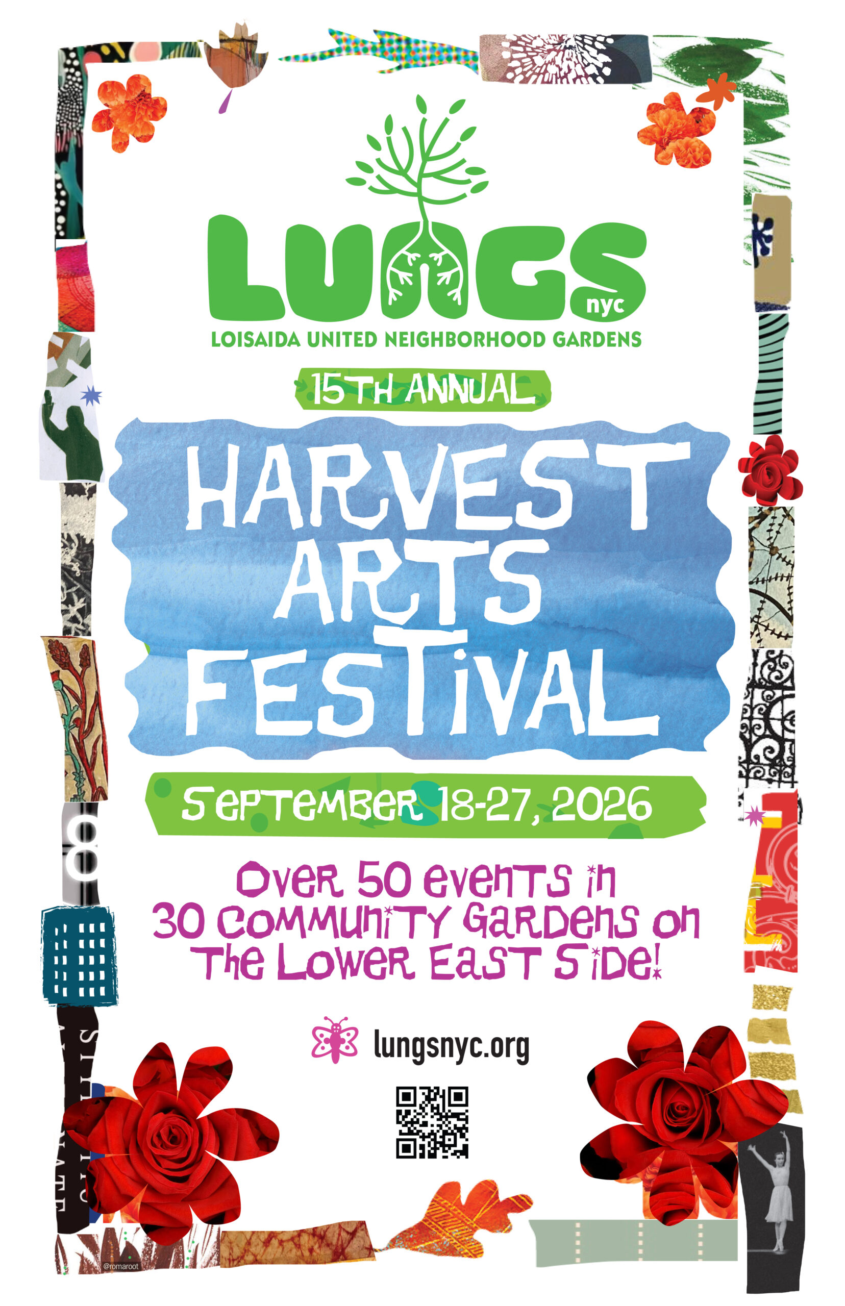 LUNGS 15th Annual Harvest Arts Festival, September 18-27, 2026. Over 50 events in 30 community gardens on the Lower East Side.