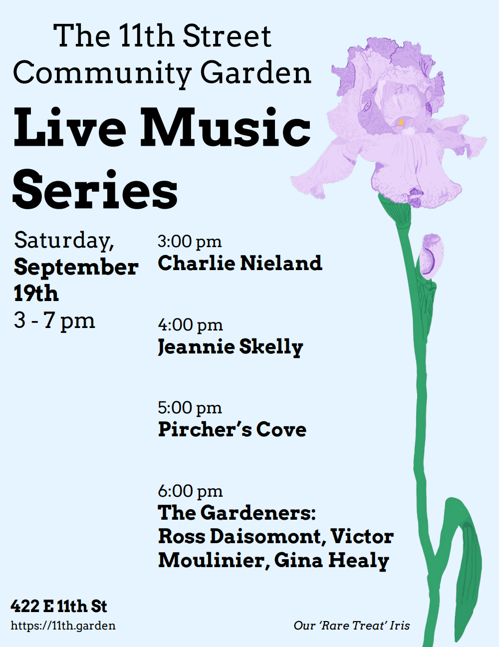 Music at 11th Street Community Garden, September 19, 3 to 7pm.