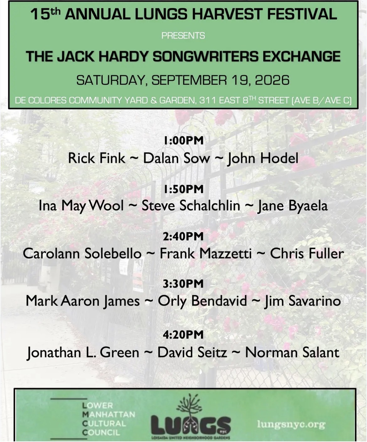 Jack Hardy Exchange Songwriters Circle at DeColores Community Yard, September 19.