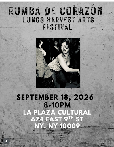 Rumba de Coraz&oacute;n at the LUNGS Harvest Arts Festival, September 18, 2026, 8-10pm at La Plaza Cultural, 674 East 9th Street.